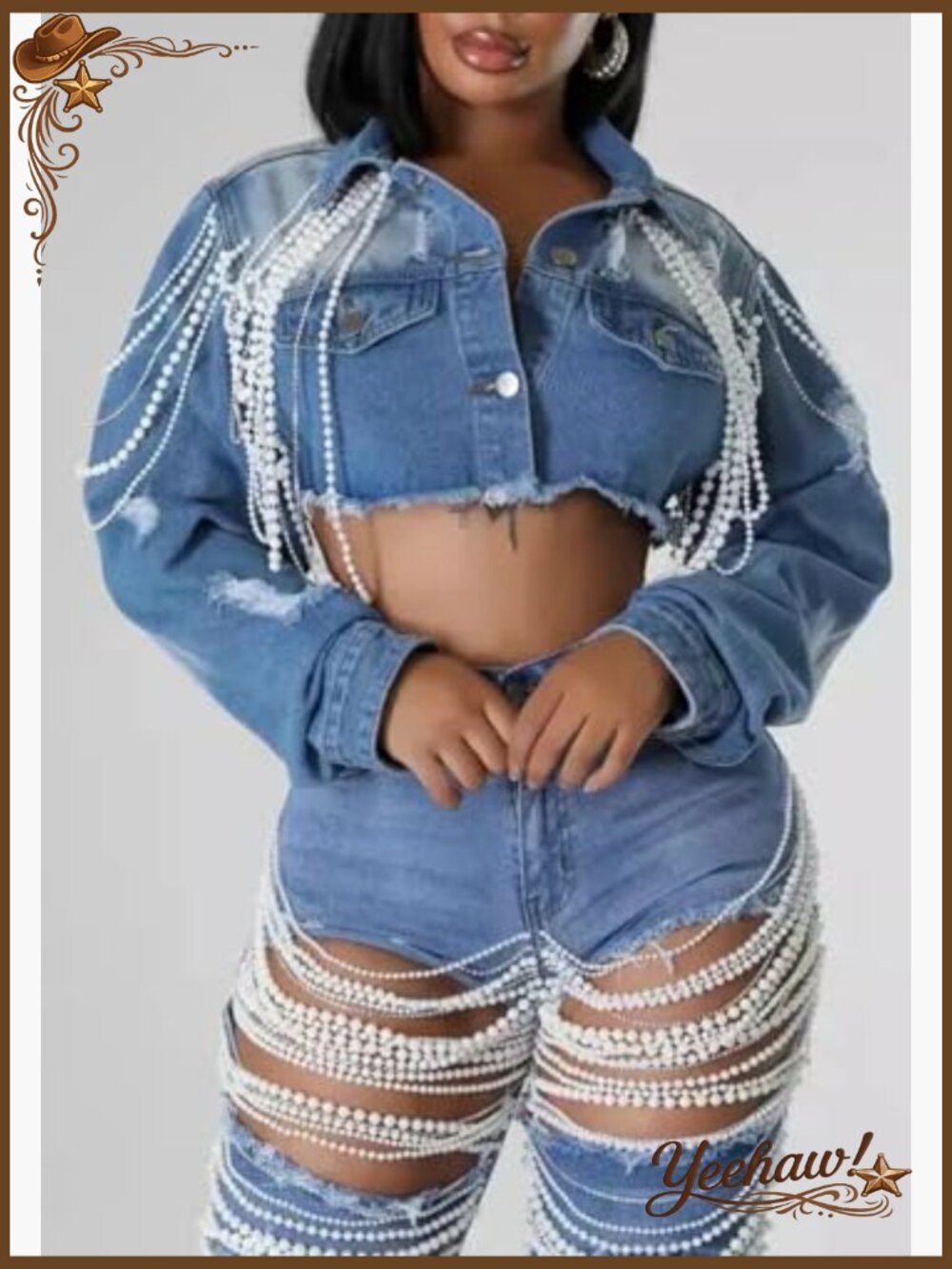 Cropped Denim Jacket Long Sleeve Trendy Pearl Distressed Crop Top Jean Jacket - Picture 2 of 6